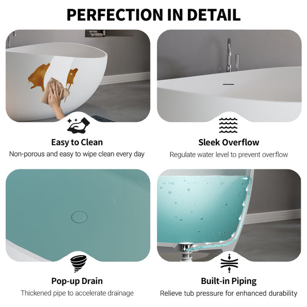 English Elm 63" Stone Resin Freestanding Soaking Tub Matte Sculpted Surface for Spa Bathroom W1920P410091