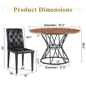 English Elm Table and Chair Set 7 Piece Round Walnut Mdf Industrial Dining with Pu Seats W1151S04848