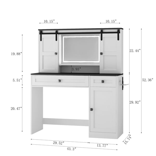 English Elm Farmhouse Vanity Table with Lighted Mirror Drawers and Hair Tool Storage for Bedroom W1321P423102