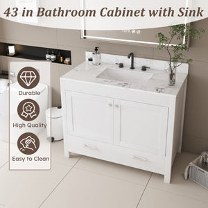 English Elm Modern 43" Bathroom Vanity With Carrara White Top, Soft-Close Drawer & Durable Mdf Cabinet Design W509S00139