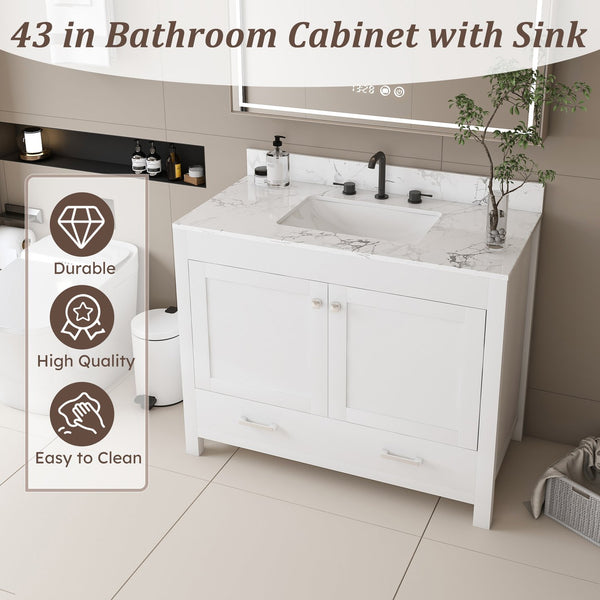 English Elm Modern 43" Bathroom Vanity With Carrara White Top, Soft-Close Drawer & Durable Mdf Cabinet Design W509S00139