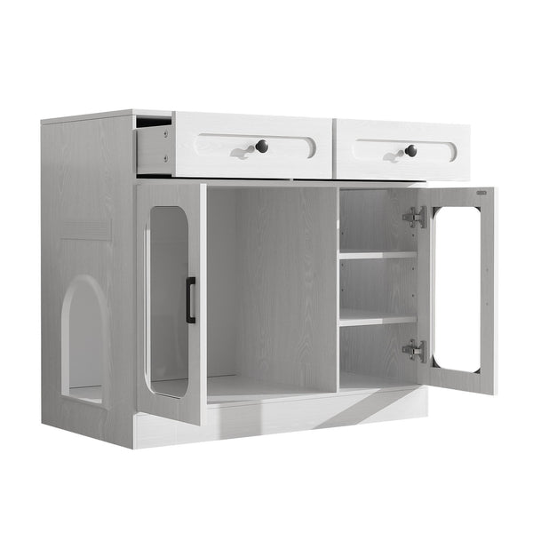 English Elm Cat Litter Box Cabinet with Glass Doors Led Light Drawers and Wood Grain Finish White N704P395520K