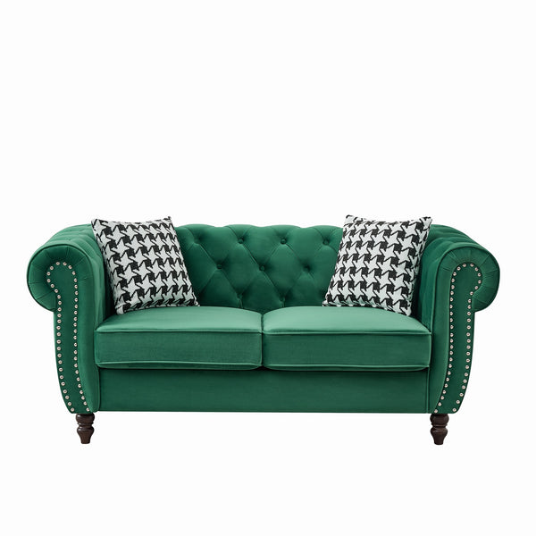 English Elm 67"Chesterfield Velvet 2-Seater Sofa with Nailhead Trim, Roll Arms, Hardwood Frame, Luxurious Comfort Green W3373S00049