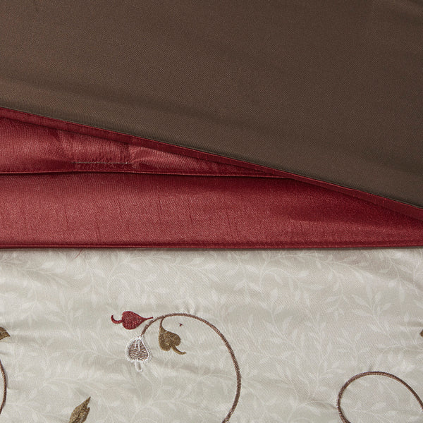 JLA Home Madison Park - Embroidered 7-Piece Comforter Set with Dupioni Sheen, Color-Blocked Taupe & Chocolate Accents, Floral Embroidery Red MP10-307