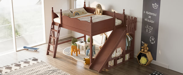 English Elm Queen Solid Pine Loft Bed with Wardrobe Shelves Detachable Slide and Dual Sleeping Zones Antique Natural W5305S00030