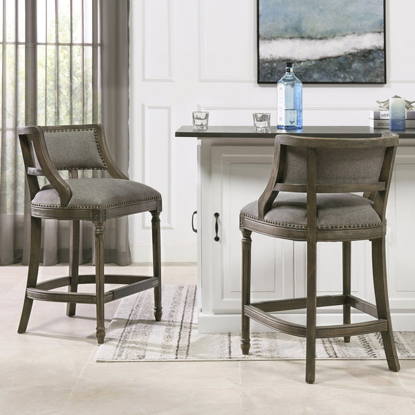English Elm Jennifer Taylor Home - Paris 26.5" Farmhouse Counter Height Bar Stool with Upholstered Linen Seat, Hardwood Frame, Brass Footrest Gray B2719P238378
