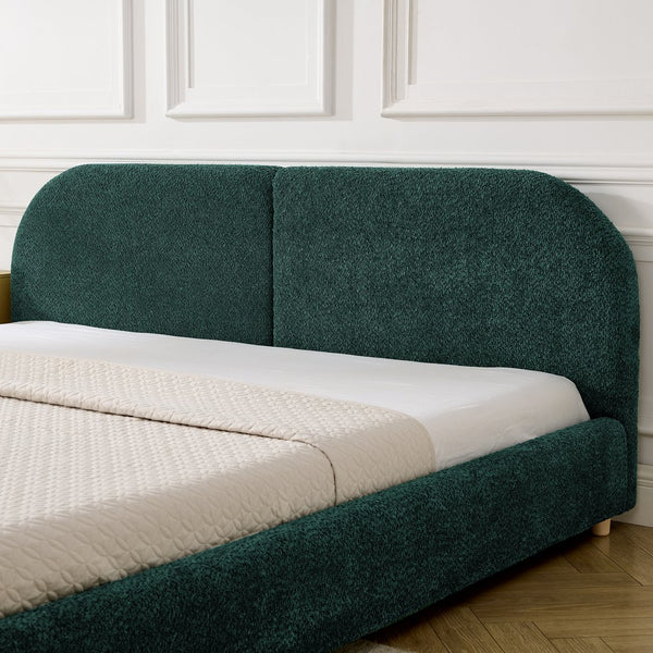English Elm King Platform Bed Fully Upholstered in Plush Chenille with Low Profile Modern Frame Green W487S00475