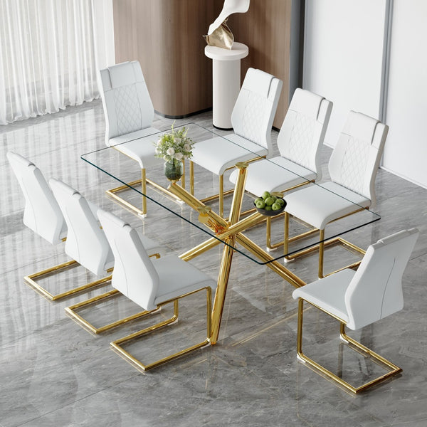 English Elm Table Modern Luxurious Glass Dining Set With 8 Ergonomic Chairs, Gold Legs & White Pu Upholstery W1151S02588-GIGA