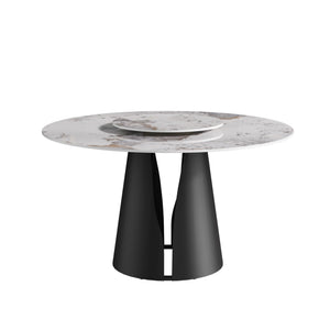 English Elm 53"Modern Round Dining Table With Turntable – Durable Sintered Stone Top & Black Steel Base For 6 Guests W1535S00444