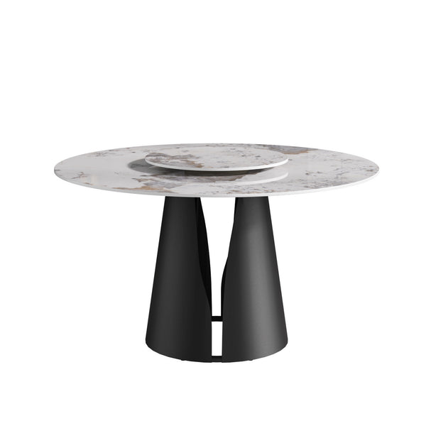 English Elm 53"Modern Round Dining Table With Turntable – Durable Sintered Stone Top & Black Steel Base For 6 Guests W1535S00444