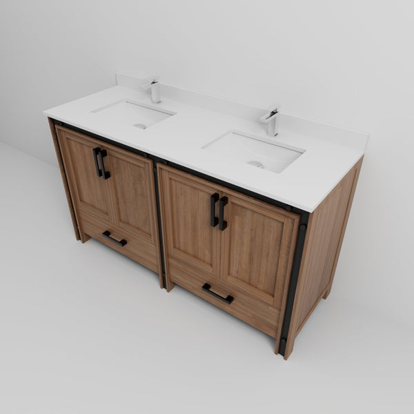 English Elm Rustic Barnwood Double Bath Vanity With White Quartz Top, Chrome Faucet & Ample Storage Space 60”W B2731P260626-GIGA
