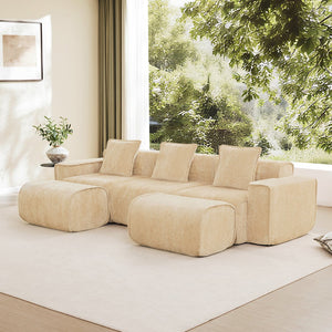 English Elm Streamlined Velvet U-shape Modular Sectional Sofa with Ottomans French Piping Cloud Foam Light Camel W3041S00353