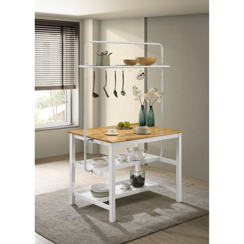 English Elm Cowichan Farmhouse Kitchen Island with Butcher Block Top Open Shelves and Pot Rack B062S01487