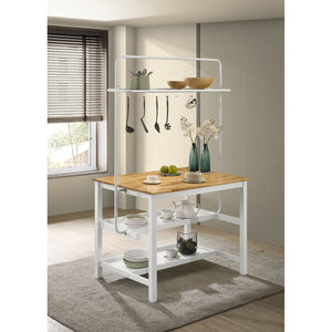 English Elm Cowichan Farmhouse Kitchen Island with Butcher Block Top Open Shelves and Pot Rack B062S01487