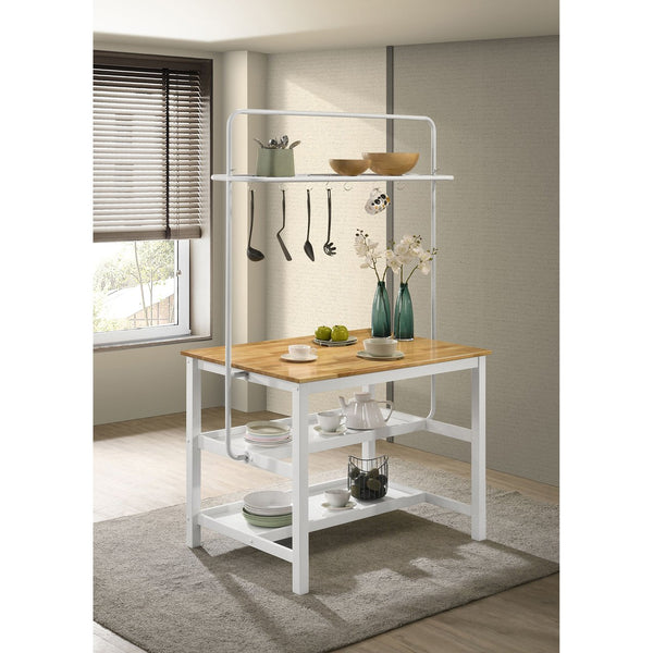 English Elm Cowichan Farmhouse Kitchen Island with Butcher Block Top Open Shelves and Pot Rack B062S01487