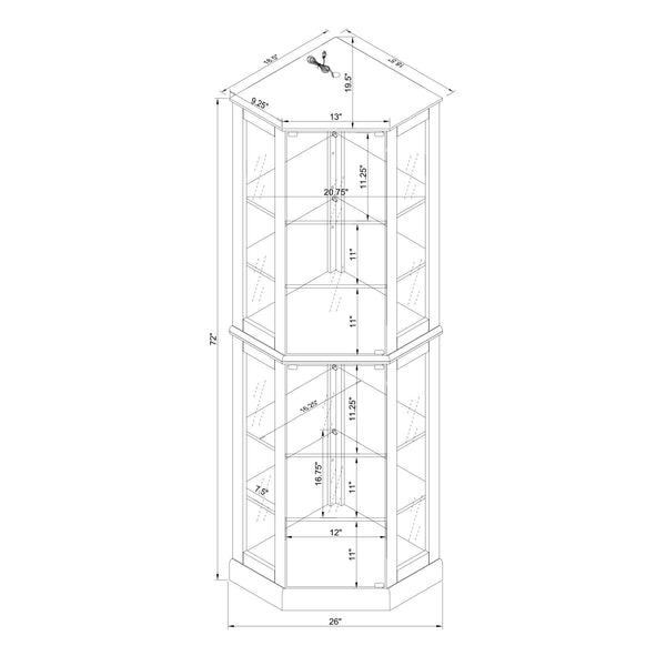 English Elm 6 Shelf Corner Curio Cabinet with Interior Lighting, Mirrored Back, Glass Shelves for Displays Walnut W1693P165021