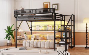 English Elm Queen Metal Loft Bed with Stair Storage Wardrobe Rgb Lighting for Teens Adults W2580S00052
