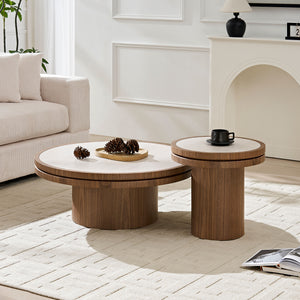 English Elm 35.43 Inch Round Sintered Stone Coffee Table with Mdf Pedestal Base for Modern Living W876S00352
