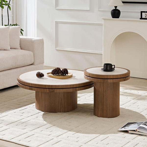 English Elm 35.43 Inch Round Sintered Stone Coffee Table with Mdf Pedestal Base for Modern Living W876S00352