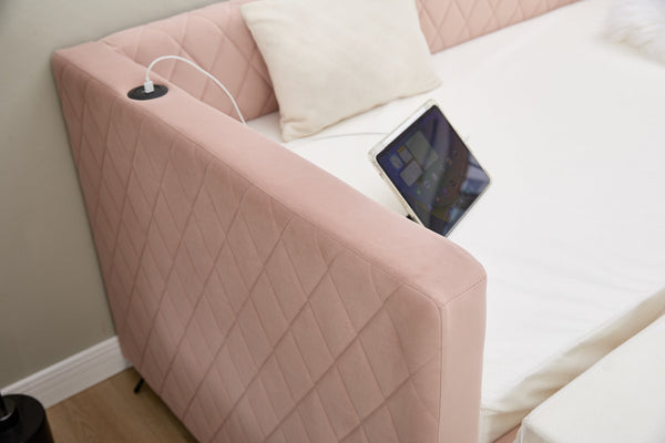 English Elm Pink velvet daybed with diamond-grid pull-out trundle, modern velvet MDF frame, twin size elegance and extra sleep space W1361S00030