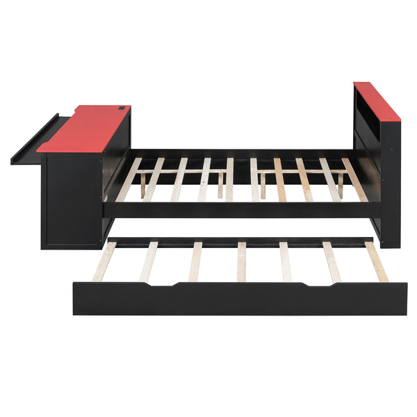 English Elm Full Size Wood Platform Daybed with Trundle Desk Rgb Led Lighting Gaming Bedroom Black+Red LT000284AAR