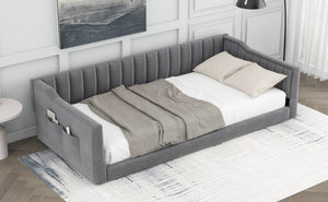 English Elm Twin XL Upholstery Daybed with Vertical Channel Tufting, Velvet Fabric, Slat Support & Side Storage Pocket for Guests Gray DL002210AAE