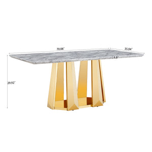 English Elm Marble Dining Table For 6-8, 70'' Rectangle Faux Marble Top With Gold Stainless Steel Base, Modern Elegance W3456S00012
