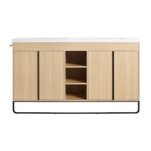English Elm 60" Freestanding Bathroom Vanity with Dual Resin Sink, 4 Soft-Close Doors, 3 Open Shelves & Towel Hanger, Plywood Storage Boxes, Modern Durable Hardware W999S00480