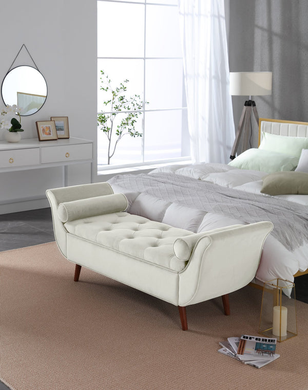 English Elm Vintage Button Tufted Velvet Storage Bench Mid Century Seat for Bedroom Entryway Beige W2795P428370