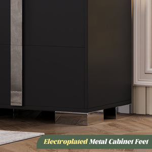 English Elm Modern Two Drawer Nightstand with Slim Metal Legs and Mirrored Bar Handles for Bedroom Black W5271P416540