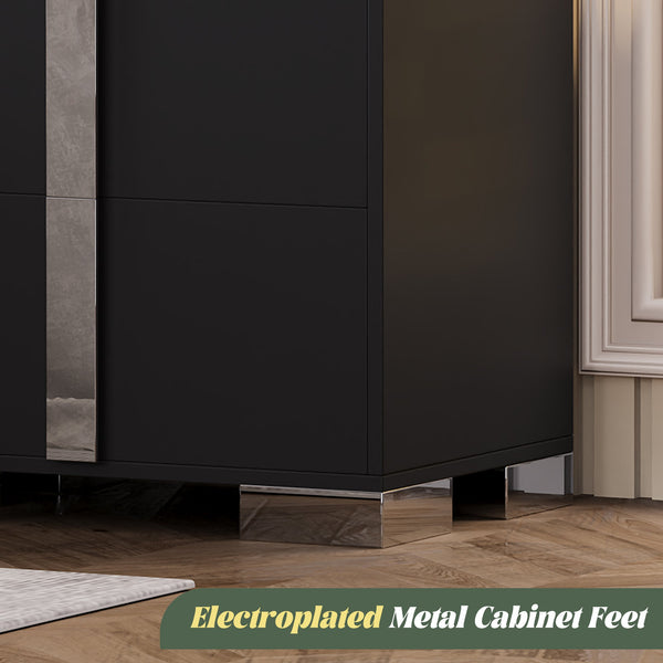 English Elm Modern Two Drawer Nightstand with Slim Metal Legs and Mirrored Bar Handles for Bedroom Black W5271P416540