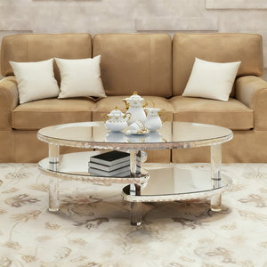 English Elm Silver Mirrored Oval Coffee Table Crystal Trim Acrylic Legs Glam Living Room Decor W3836P382489