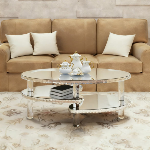 English Elm Silver Mirrored Oval Coffee Table Crystal Trim Acrylic Legs Glam Living Room Decor W3836P382489