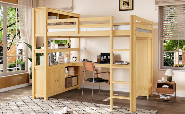 English Elm Full Size Pine Loft Bed House Frame with Slide Bookshelves and Moon Star Rails W1580S00163