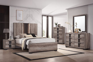 English Elm Contemporary Queen Panel Bed with LED Lighted Headboard, Distressed Textured Wood Finish, Stylish Durable Craftsmanship beige brown,Gray 81.6 L x 49 W x 7 H B011S01503
