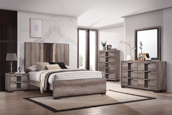 English Elm Contemporary Queen Panel Bed with LED Lighted Headboard, Distressed Textured Wood Finish, Stylish Durable Craftsmanship beige brown,Gray 81.6 L x 49 W x 7 H B011S01503