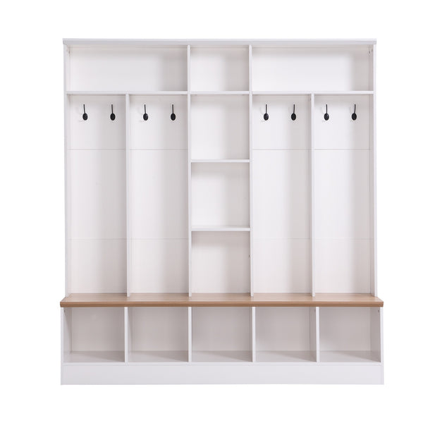 English Elm Hall Tree Entryway Organizer with Bench Shoe Storage and Wood Grain Finish White N721P385677K