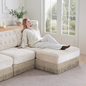 English Elm Soft Fleece Chesterfield Sectional Sofa Tufted Modular Design with Tassel Fringe Skirt W714S01680