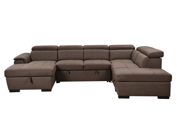 English Elm 128"Sofa U-Shaped Sectional with Pull-Out Bed, Storage Chaises, Adjustable Headrests for Comfort Dark Brown W1417S00087