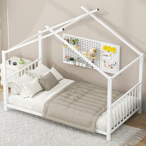 English Elm Twin Metal House Platform Bed with Slat Kit for Kids Sleepovers Sturdy Frame Elegant Silhouette 63.8"H White MF322835AAK