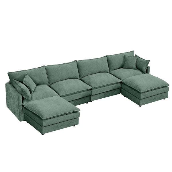 English Elm Modular U-Shaped Sectional Sofa, 130.7" Mint Green Chenille Couch Set With Versatile Ottomans W1359S00042
