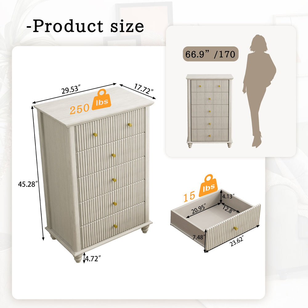 English Elm Fluted Mid-Century 5-Drawer Dresser with Metal Handles — Stylish Vertical Grooves, Sturdy Storage Solution Beige 42.32 L x 21.06 W x 11.81 H W1716P330709