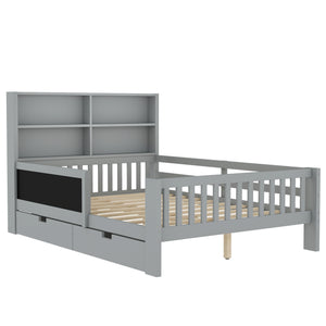English Elm Full Solid Wood Platform Bed with Chalkboard Headboard, Storage Drawers & Shelves, Kid-Friendly White Gray W1580P362710