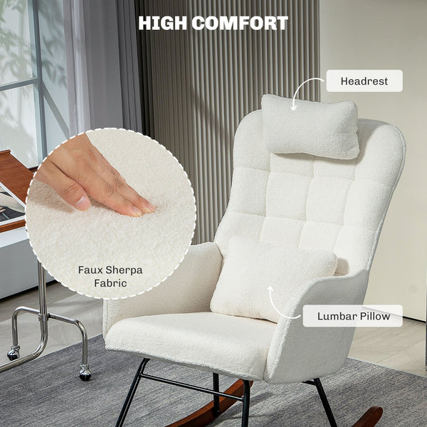 English Elm Nordic High Back Rocking Chair Teddy Fleece Lumbar Support Beech Wood Reading Nook T3971P405982