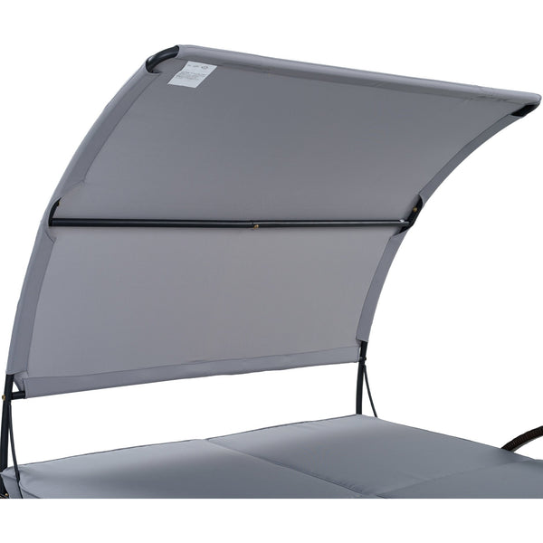 English Elm U_style Outdoor Double Sun Lounger Hdpe Wicker Steel Frame with Canopy Pop up Tables Gray WY000485AAE