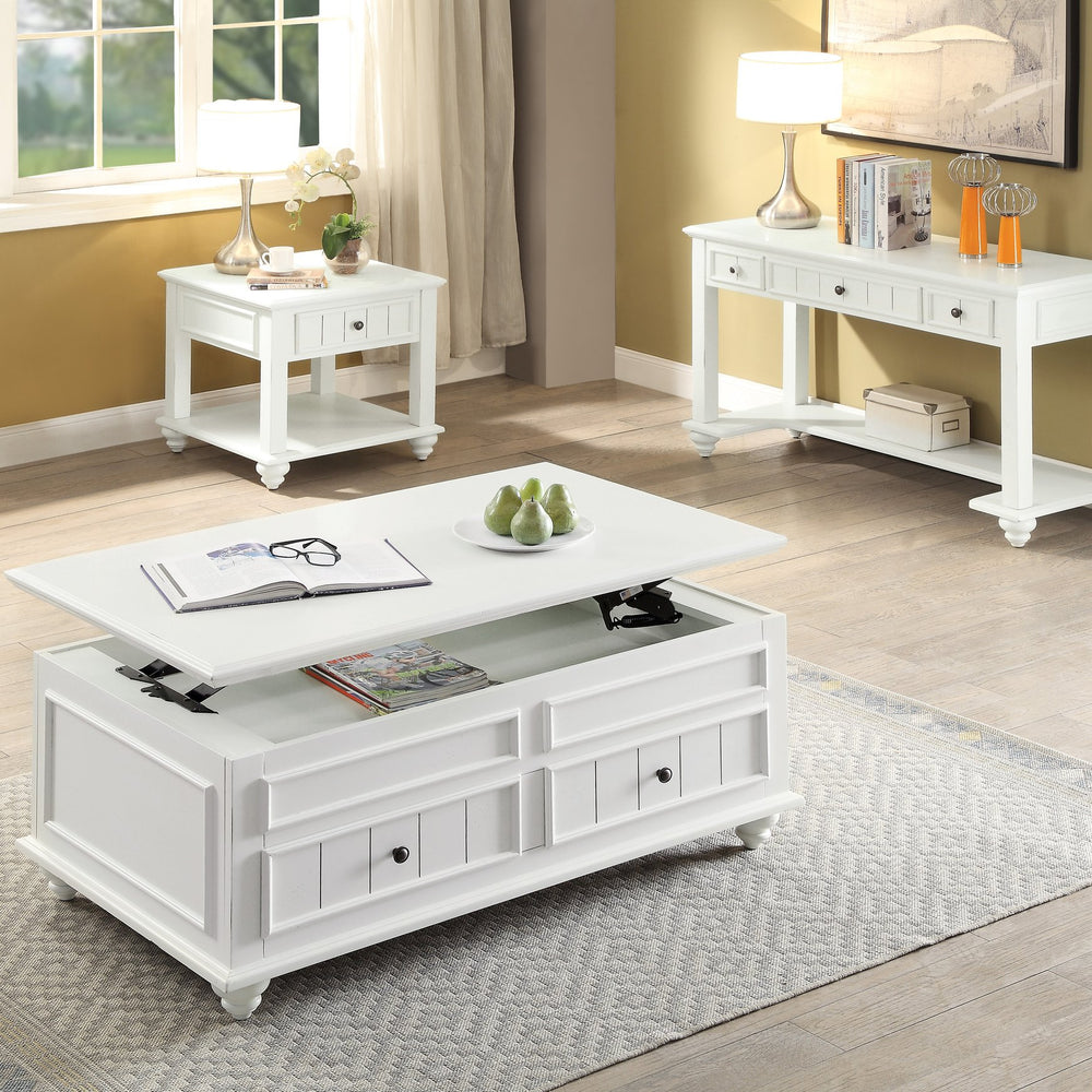 English Elm White Washed End Table with Drawer and Open Shelf, Trim Molding, Classic Square & Bun Legs, Timeless Elegance B062P191044
