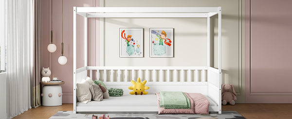 English Elm Full Canopy Bed Frame with Guardrails for Kids Full Size Pine Wood Montessori Floor Bed Cozy Canopy White W1858P252840