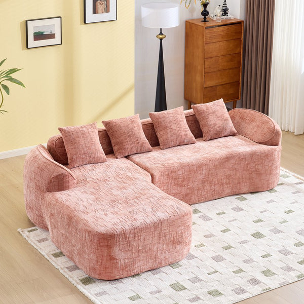 English Elm Pink chenille L-shaped sofa with high-elastic sponge, curved armrests, 4 throw pillows, 900lb capacity W3612S00018