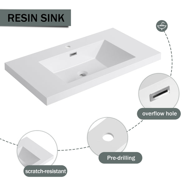 English Elm 36" Freestanding Bathroom Vanity with Resin Sink, Soft-Close Doors, Adjustable Shelf & Metal Handles Light Coffee W999S00296