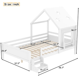 English Elm Full Bunk Bed with Trundle Bookshelf Storage Pine Frame Car Design for Kids Light White W1580S00295